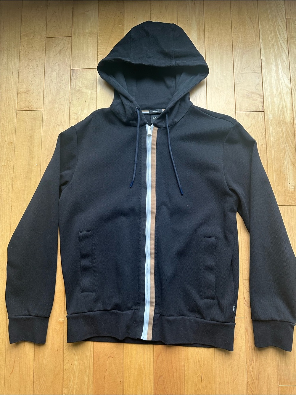 Hugo Boss Men's Black Zip Hoodie with Vertical Contrast Stripe - Small
